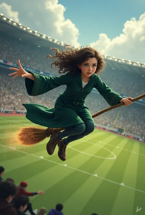 Una ragazza di 12 anni con i capelli ricci Castani scuri ricci e gli occhi azzurri che gioca a Quidditch nel campo da Quidditch e vola molto in alto sopra una scopa