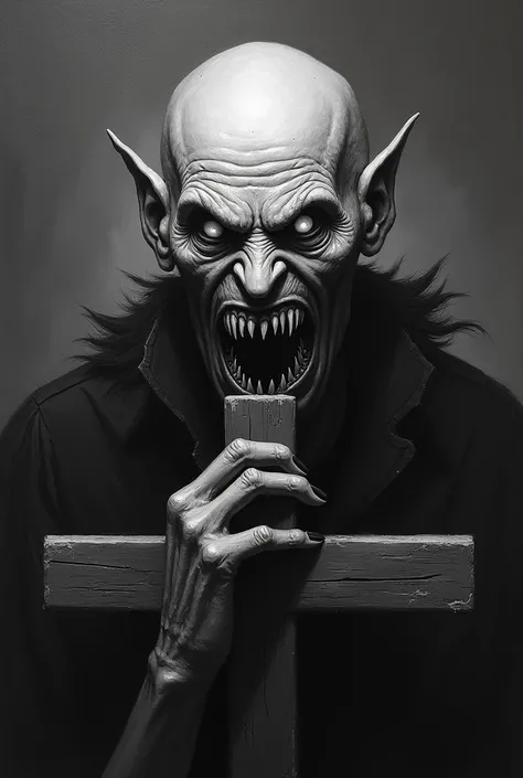 A black and white painting of a bald old male demon with white eyes with hundreds of teeth, opening his mouth and eating a cross.