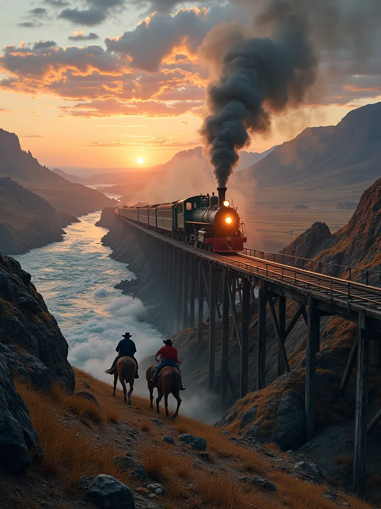 img_4218.cr2: a dramatic, high-action scene depicting a steam train crossing a narrow bridge over a raging river, with cowboys o...