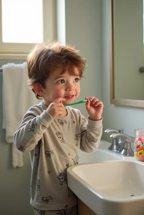  A boy with brown hair and light eyes is standing in front of the of the bathroom ,  brushing his teeth carefully .  He holds the brush firmly ,  passing it from one side to the other while making funny faces ,  having fun with himself . His pajamas ,  wit...