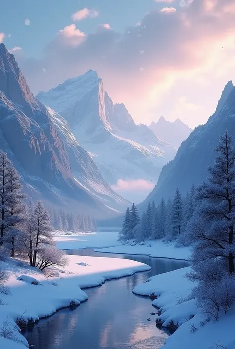 Winter evening in mountains valley 