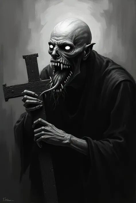 A black and white painting of a bald old male demon with white eyes with hundreds of teeth turned on its sides, opening its mouth and eating a cross.