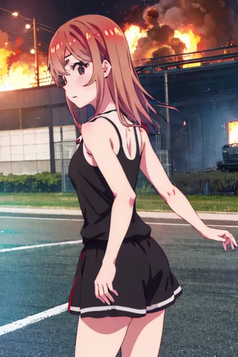 Sumi Sakurasawa、holding hundgun、at night、fence、1 girl、 cleavage、 Black Tank Top、 sexy black shorts、Turn around and show your butt、Infiltrate a military base、Military base exploding in flames、The building is on fire