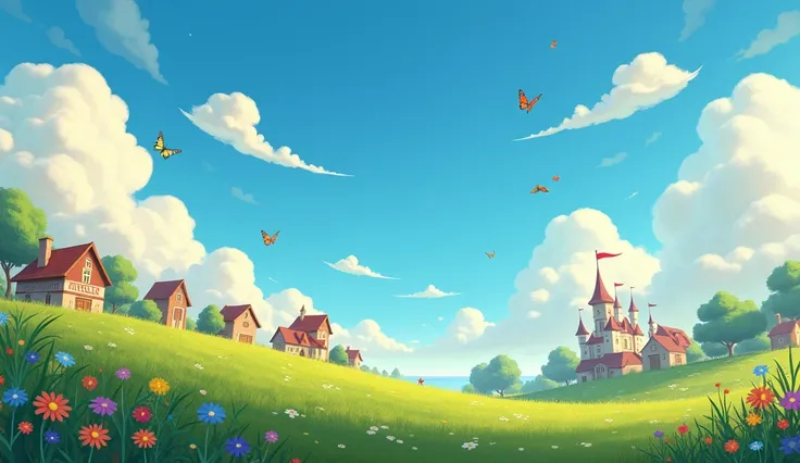 From the story Little Turn-Up Nose, from the Yellow Woodpecker Farm, the illustrious blue sky is full of creative clouds that transform into castles and camels, like in a s dream. The grass is full of small details, like colorful flowers and butterflies fl...