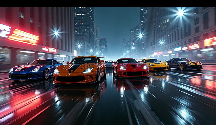 (8 cars different model, brands and styles started the race with hight trot speed), (some of the car over taking as quick the race start),sport car,tuned, motion, (at night:2) (motion blur:1. 3), movie action scene, (Need for Speed:1. 1), wet reflection, r...