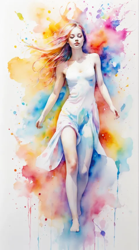 Abstract　Artistic　whole body　Girl　watercolor　White background　Bright colors　Pencil drawing　Blur　high quality magical dreamy wonder breathtaking fascinating piece of art