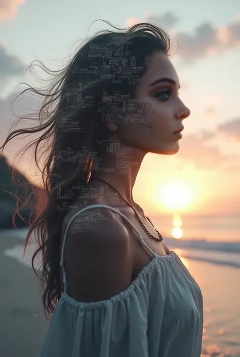  lyrics, 8K ultra HD, Una hermosa double exposure que combina una silueta de diosa con la costa al atardecer,  the coast at dusk should serve as a backdrop ,  with its details incorporated in the goddess , sharp lines, The background is monochrome,  sharp ...