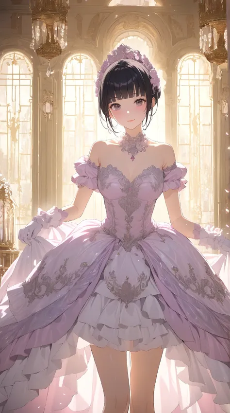 1 girl, ( cute face), hime cut, to many hairstyle, gorgeous princess mini dress, ruffled gloves,  Pottery skin ,  medium breasts, break, Inside the palace, (Dreamy Light:1.3),  Elegant Atmosphere , break,  Beautiful Chandeliers ,  luxury decoration , Tale ...