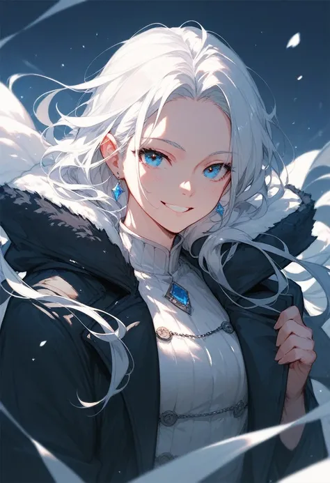 The fly king , girl with white hair, in blue eyes,, the black coat covers the hair,smile,