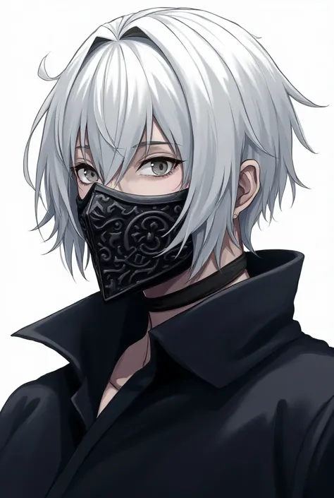 Create a mysterious male anime like character with a dark samurai mask on the face  and white hairs and keep the background transparent 