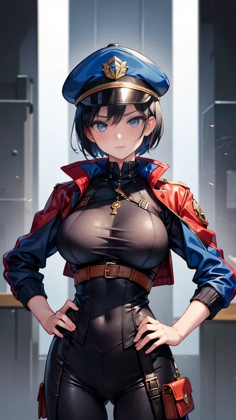 masterpiece, female, hands on hips, looking at viewer, short hair, black hair, blue eyes, slant eyes, fair skin, tall, beautiful breasts, jacket, cap, 20-year-old, no background, beautiful, upper body