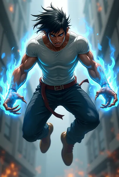 " A muscular and defined male character is in full air ,  performing a dynamic jump with knees bent .  He wears a tight t-shirt that highlights his muscles and pants with a band tied at waistline.  His serious and intimidating look contrasts with a relaxed...