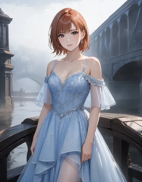  An old bridge shrouded in fog , masterpiece:1.5,  cowboy shot,  prom dress, masterpiece:1.5, masterpiece, highest quality, (Misaka Mikoto), UHD, retina, masterpiece, accurate anatomy, textured skin, super detailed, high quality, best quality,  highres ico...