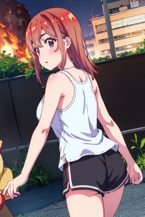 Sumi Sakurasawa、holding hundgun、at night、fence、1 girl、 cleavage、 Black Tank Top、 sexy black shorts、Turn around and show your butt、Infiltrate a military base、Military base exploding in flames、The building is on fire