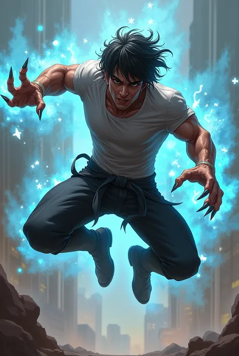 " A muscular and defined male character is in full air ,  performing a dynamic jump with knees bent .  He wears a tight t-shirt that highlights his muscles and pants with a band tied at waistline.  His serious and intimidating look contrasts with a relaxed...