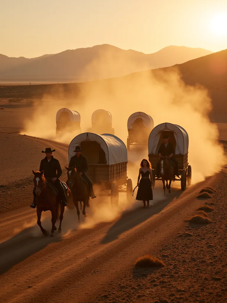 img_5489.cr2: a powerful and emotional scene depicting a caravan of covered wagons traversing a rugged trail through the desert,...