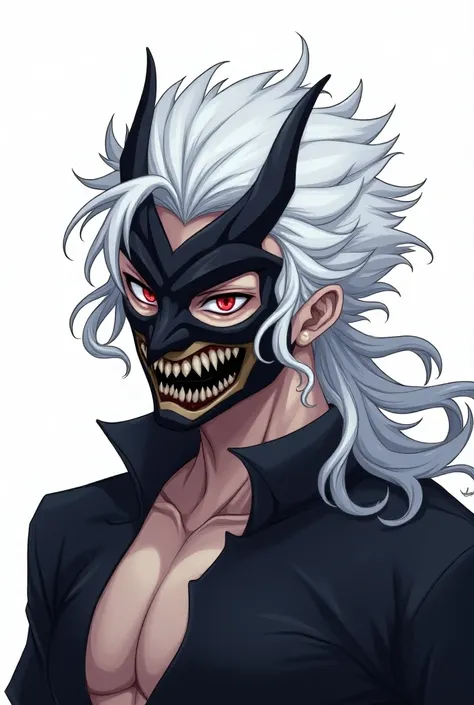 Create a mysterious male anime like character with a oni mask on the face  and white hairs and keep the background transparent 