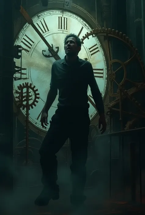 surreal realistic painting of a man inside a clock tower, horror, created by gustave dore and greg rutkowski, high detailed, smooth draw, synthwave neon retro, intricate, realistic proportions, dramatic lighting, trending on realistic painting of a man ins...