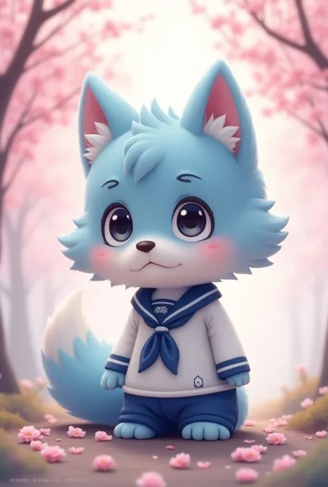 Cute Blue Wolf，hairy，Sailor Suit,Viewing cherry blossoms