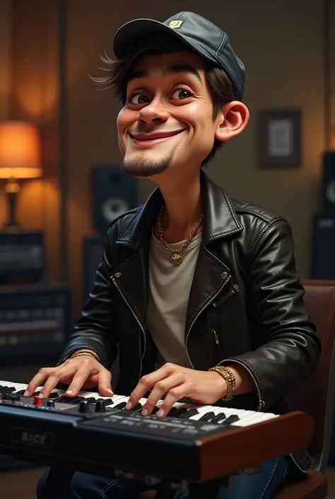 Caricature 4D.25-year-old Indonesian man.  in leather jacket jeans. Shaggy wears shoe booth hat.  Playing keyboards in studio looks intact from front Realistic focus