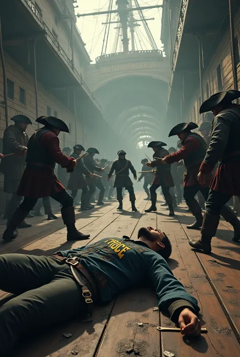 A man wearing a shirt written on ITROCE fainted on the ground while several people take on pirates inside a huge and wide old ship