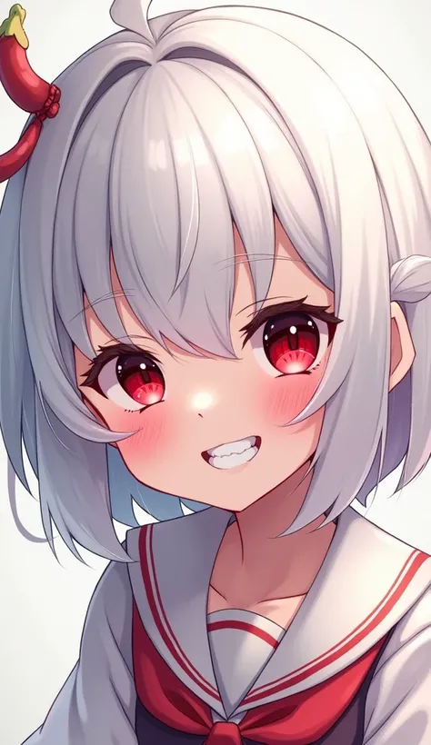  1 girl,  shortcut , Red eyes, teeth, Food, White Hair,Lori,Character portrait,  Blushing ,  anime style, 