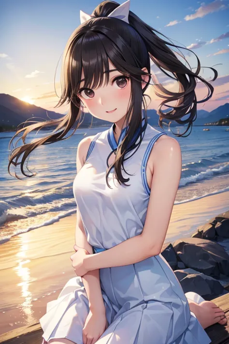 takane manaka、 shiny brown long hair、 ribbon ponytail,、 beautiful brown eyed middle school students 、smile、sparkling eyes, (fine...