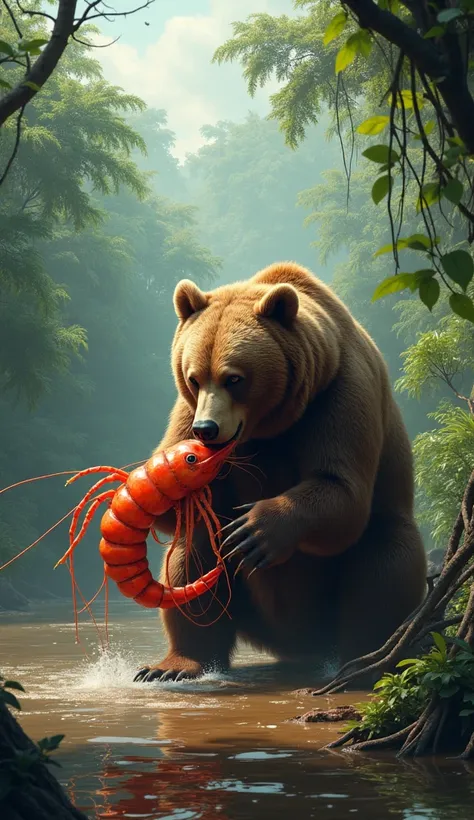 A bear is eating a big srimp. It is on the bank of river in jungle.