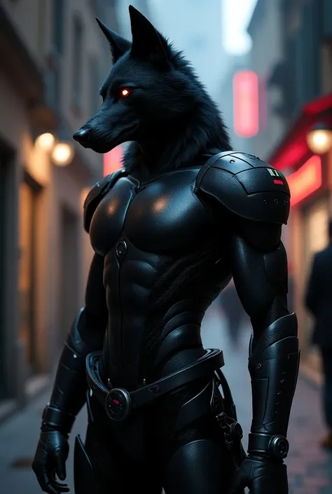 Picture Italy as a sleek, half-human, half-wolf figure with an athletic, chiseled build and the head of a cunning wolf with sharp, intense eyes that seem to glow faintly under the city lights. Dressed in high-tech, futuristic armor with black and silver to...