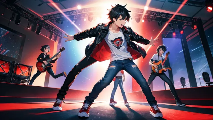 A vibrant illustration of a youth rock band. The male vocalist is captured mid-air, energetically jumping while holding an electric guitar.  
- **Appearance**: In his early 20s, sharp facial features, with slightly messy black hair and a passionate express...