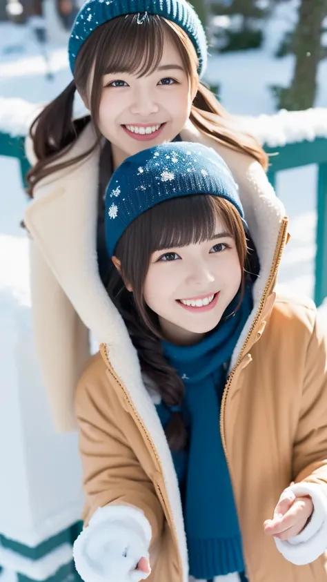 ( best quality,4K, high definition , table top:1.2), several people having fun with each other while having very detailed ,Realistic,(,), girl, Beige Fluffy Coat , Beige Wool Gloves ,  Navy Blue Mini Pleated Skirt ,snow,smile, eye contact,Portraiture, brig...