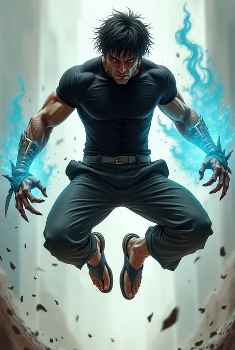 " A muscular and defined male character is in full air ,  performing a dynamic jump with knees bent .  He wears a basic tight black t-shirt that highlights his muscles and loose capoeira pants with a band tied around the waist, And a sports flip flop.  His...