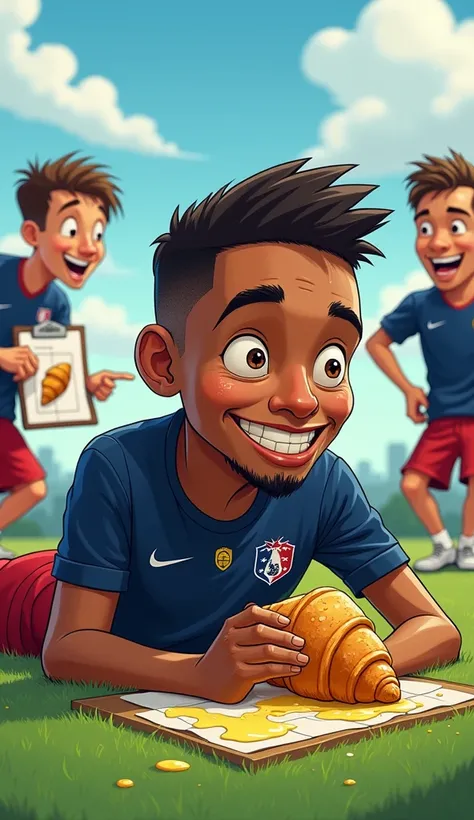 A funny scene of Kylian Mbappé wearing the French national team uniform, lying on the lawn with a croissant in his hand, covered in butter and crumbs. In the background, his teammates are laughing and pointing, while a coach holds a clipboard with a drawin...