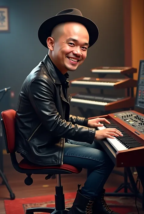 Caricature 4D.25-year-old Indonesian man.  in leather jacket jeans. Bald wears booth shoe hat. Playing keyboards in the studio look intact from in front of the camera realistically focused