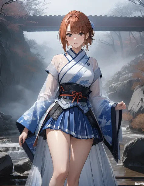 Gojo Bridge,  An old bridge shrouded in fog , masterpiece:1.5,  cowboy shot,  Kunoichi, masterpiece:1.5, masterpiece, highest quality, (Misaka Mikoto), UHD, retina, masterpiece, accurate anatomy, textured skin, super detailed, high quality, best quality,  ...