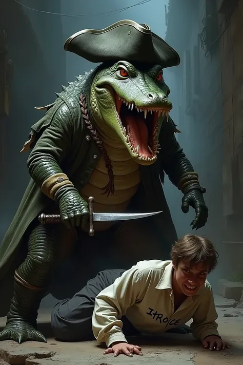 Alligator dressed as a pirate killing a man with a shirt written by Itroce