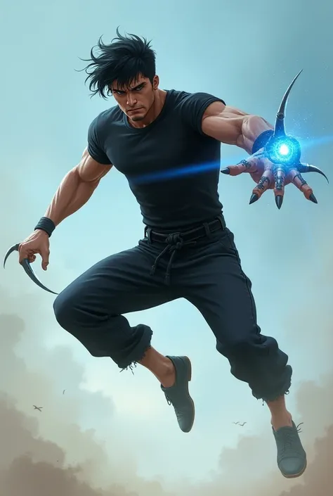 " A male character of approximately 23 years, muscular and defined is in the open air ,  performing a dynamic jump with knees bent .  He wears a basic tight black t-shirt that highlights his muscles and loose capoeira pants with a band tied around the wais...