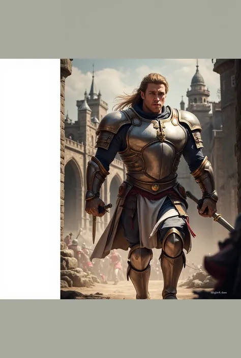 Lancelot, the valiant knight of King Arthur, towers proudly before the grand Castle Camelot, his muscular form radiant under dramatic lighting that accentuates his legendary stature. Every intricate detail of his exquisite armor and regal attire is meticul...