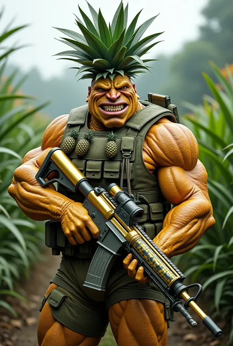 Grenadier Pineapple Hybrid :

extremely muscular body,  with skin textured like a pineapple peel .

 Long green leaves sticking out of the head like a mohawk .

 Use a grenade launcher with gold details and tropical camouflage.

 Wears a tactical camouflag...