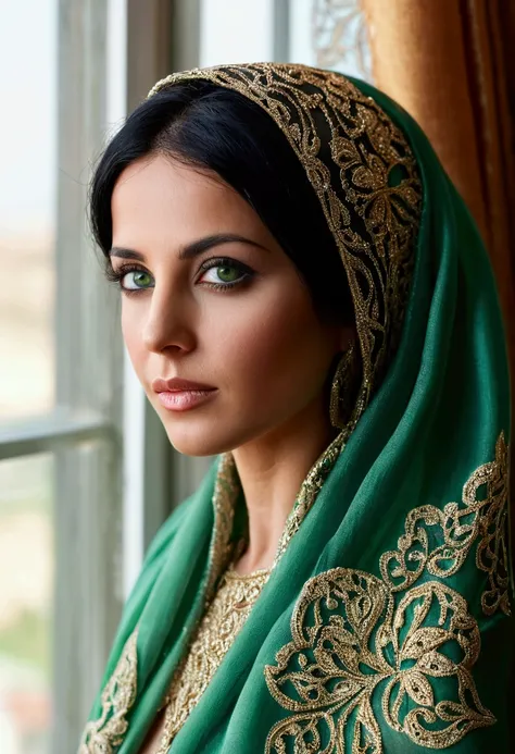  Arabian girl 37 years old .  Black hair,  green eyes , round full face ,  on a beautiful background by the window ,  on her head is a long silk shawl covered with her head.