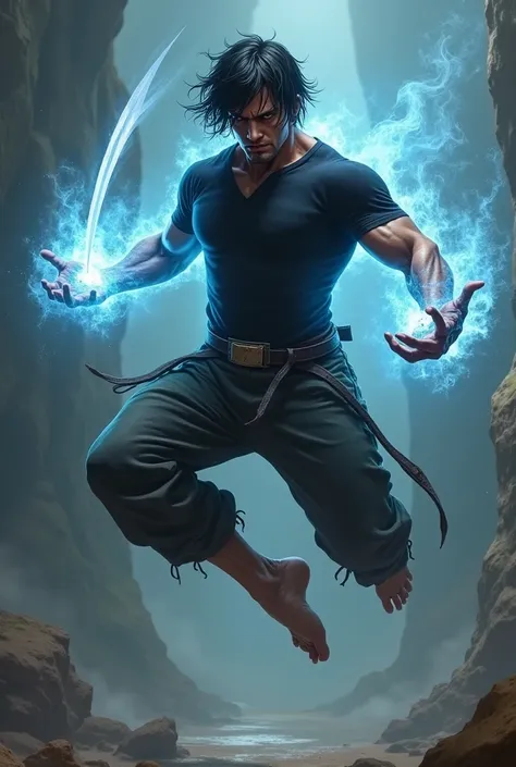 " A muscular and defined male character is in full air ,  performing a dynamic jump with knees bent .  He wears a basic tight black t-shirt that highlights his muscles and loose capoeira pants with a band tied around the waist.  His serious and intimidatin...