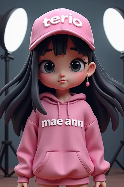 This is a 3D rendering of a stylized female anime character. She has large eyes, black hair, and is wearing a pink sweatshirt with "mae ann" written on it and a pink baseball cap with "terio" on it. The background is a dark studio setting with professional...