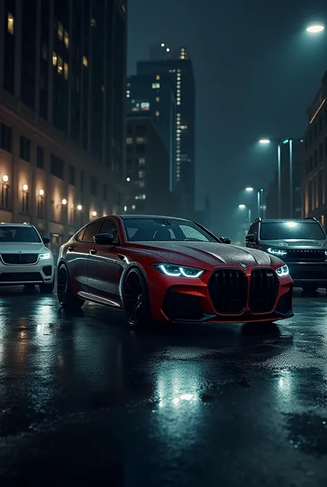  cars at night time range rover, Rolls-Royce,bmw M4 , defender 