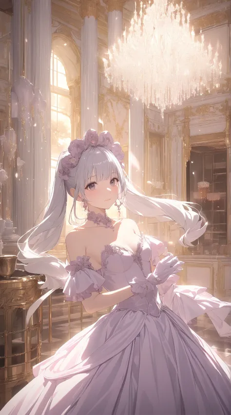 1 girl, ( cute face), hime cut, to many hairstyle, gorgeous princess mini dress, ruffled gloves,  Pottery skin ,  medium breasts, break, Inside the palace, (Dreamy Light:1.3),  Elegant Atmosphere , break,  Beautiful Chandeliers ,  luxury decoration , Tale ...