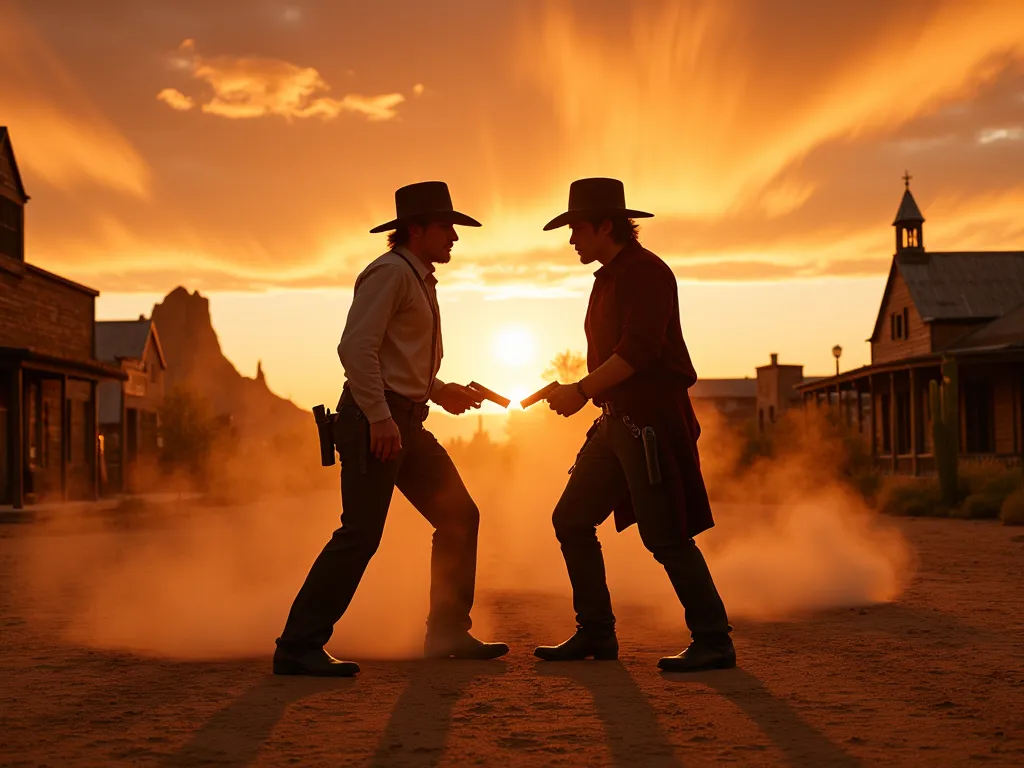 img_6843.cr2: a classic old west showdown captured at the tense moment just before the gunslingers draw their pistols. the scene...