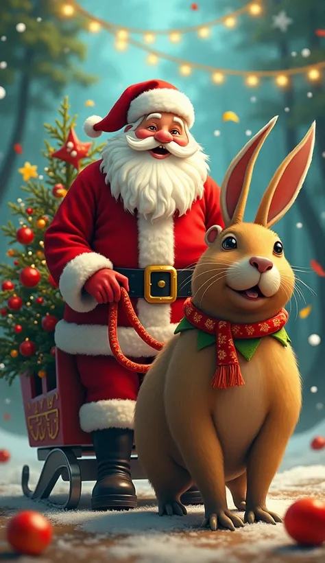 Santa Claus from Brazil **: This cheerful Santa Claus travels in a vibrant sleigh, decorated with colorful ribbons and garlands of tropical flowers. His sleigh is pulled by a team of capybaras, they are the largest rodents in the world and are known for th...