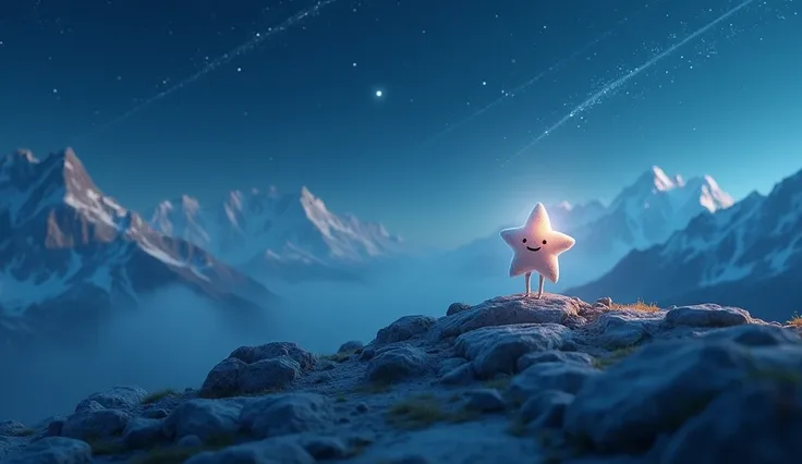 3D Style: The little star stood alone at the top of the mountain ，Open your hands， greeted the fluttering night breeze 。The starry sky was as vast as the sea ，Shooting stars streaked across the sky， illuminated her confident smile 。 The background was a co...