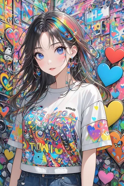 Ultra-realistic brilliant star style, Simple line acronym abstract art, Cute design, Street fashion, colorful hearts , TOTORO, The background is a stylish graffiti