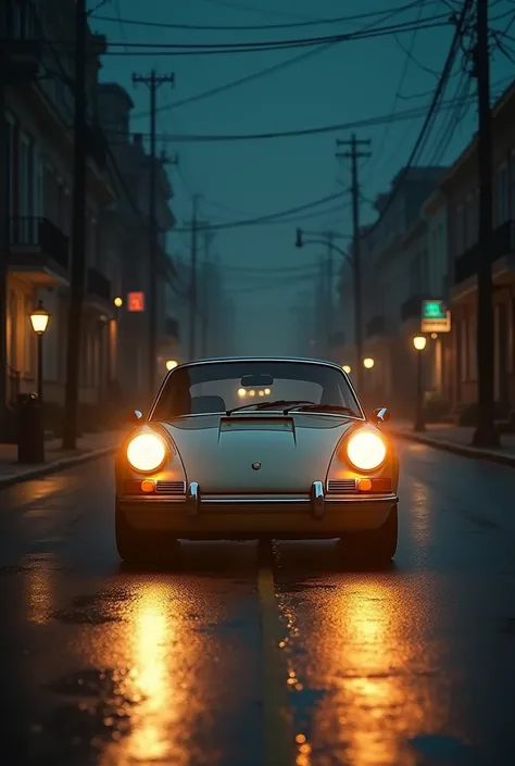 A old porshe night street bright headlight local street 