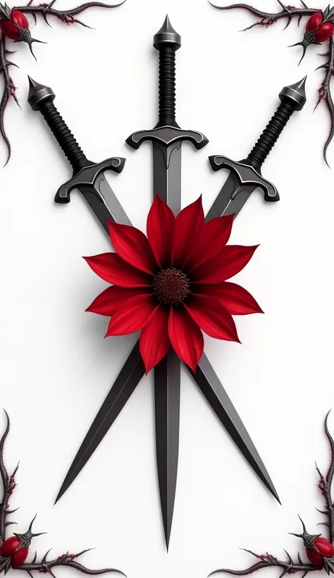  For the cover of my book dark vampire romance , create three different and crossed daggers ,  on a white background,  and a beautiful red Lycoris radiata flower in the center .  Y at the edges of the corners of the background silver thorns and runes and s...